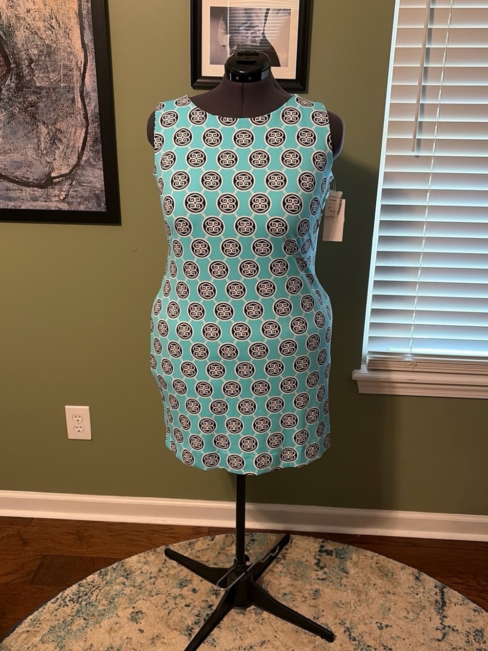 Lulu-B Aqua and Black Circular Print Midi Dress